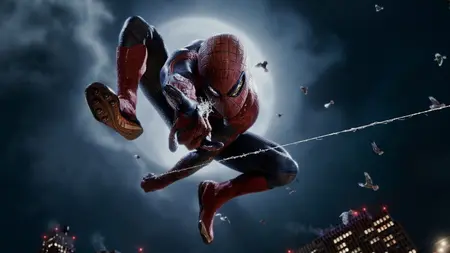 An epic shot of Andrew Garfield's Spider-Man web zipping towards the camera against a gorgeous night sky from the final swing sequence of THE AMAZING SPIDER-MAN, which is about to leave Netflix on March 1, 2026.