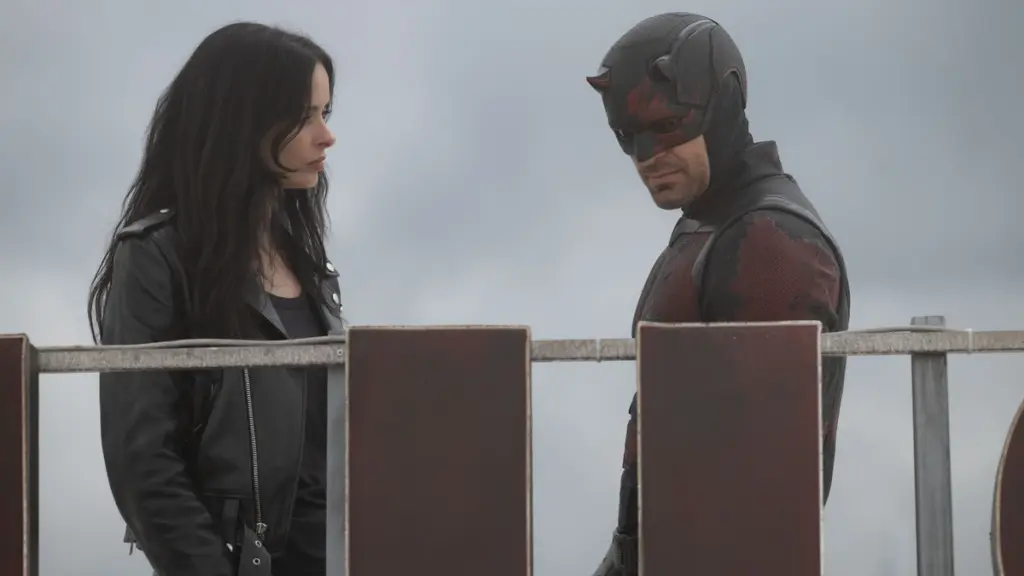 Krysten Ritter as the superpowered private investigator Jessica Jones reunites with Matt Murdock in his new red and black costume in DAREDEVIL: BORN AGAIN Season 2.