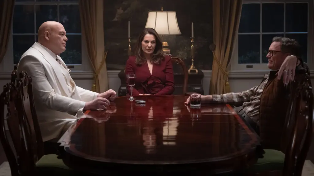 Mayor Wilson Fisk, his wife Vanessa Fisk, and a new villain named Mr. Charles played by Matthew Lillard have a mysterious dinner meeting in DAREDEVIL: BORN AGAIN Season 2. 