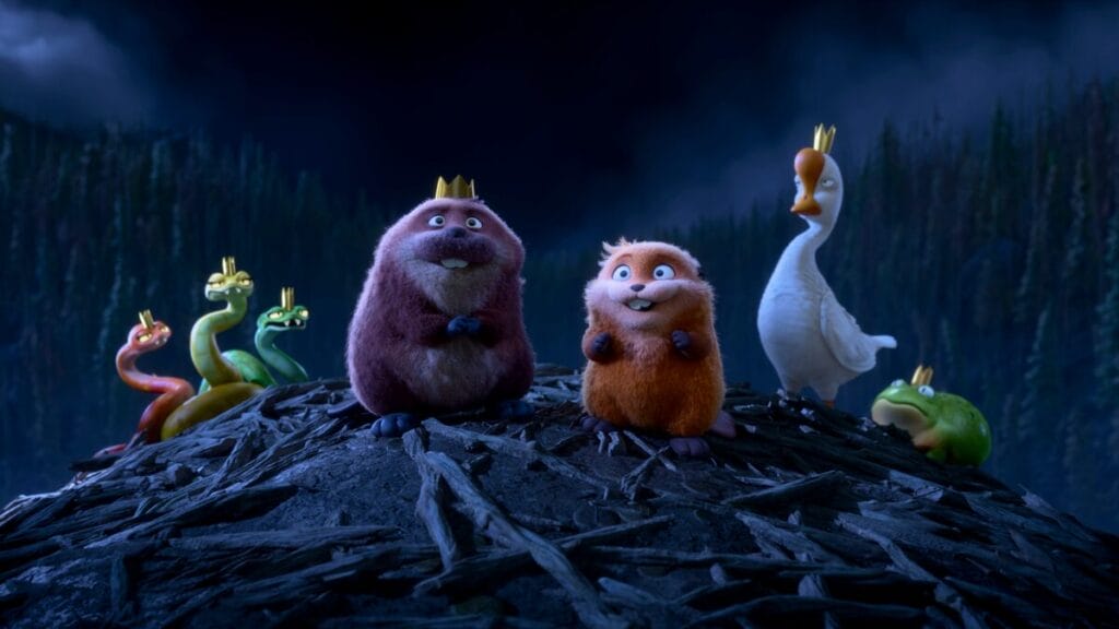 King George the beaver and Mabel Tanaka in her robot beaver body assemble the council of animal kings all wearing little golden crowns in Pixar's HOPPERS. 