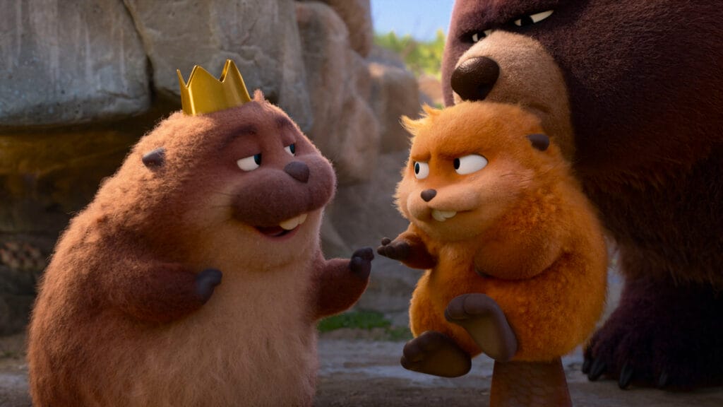King George the beaver meets Mabel in her robot beaver avatar as she's being held up in disapproval by Ellen the grizzly bear in Pixar's original animated movie HOPPERS.