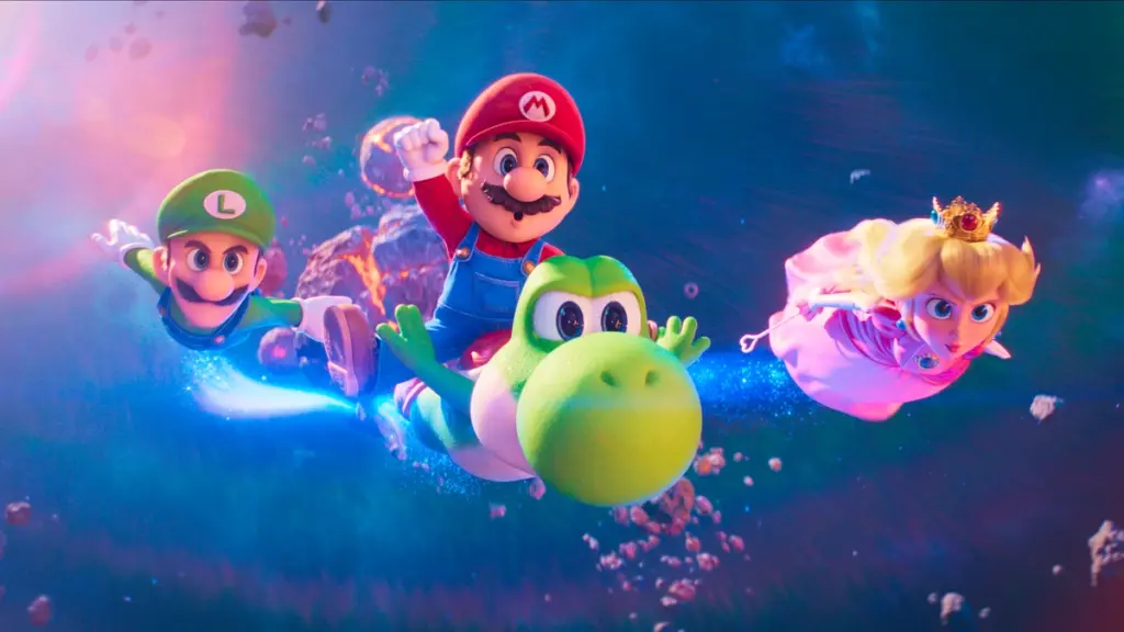 Mario, Luigi, Peach, and Yoshi fly across space in Illumination and Nintendo's THE SUPER MARIO GALAXY MOVIE.