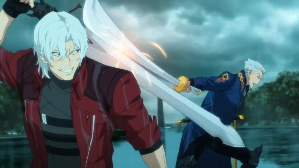 Dante and Virgil lock their huge swords during an epic battle in the anime DEVIL MAY CRY Season 2, which is included in the Netflix May 2026 list of new movies and TV shows.