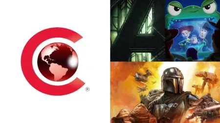 The official CinemaCon 2026 logo next to images of Avengers: Doomsday, Toy Story 5, and The Mandalorian and Grogu for the Walt Disney Pictures presentation.