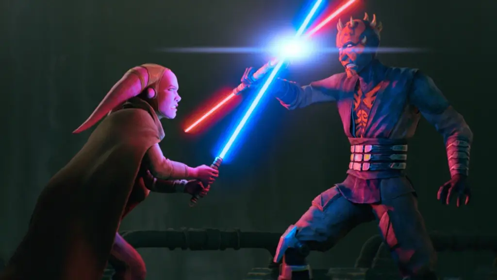 A Twi'lek Jedi named Devon Izara goes up against Maul in an epic lightsaber duel from the animated STAR WARS: MAUL – SHADOW LORD series on Disney+.