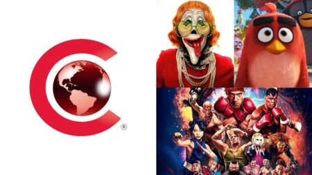 The official CinemaCon logo next to images of SCARY MOVIE 6, ANGRY BIRDS 3, and the live-action STREET FIGHTER for the Paramount Pictures presentation.