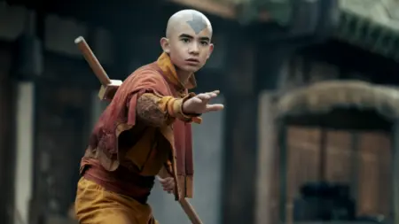 Gordon Cormier strikes a cool battle pose as Aang in season 2 of the live-action Avatar: The Last Airbender series, which is included in the Netflix June 2026 list of new movies and TV shows.