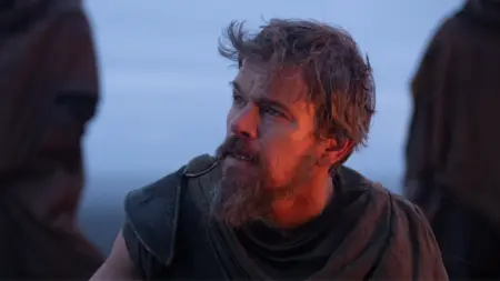 A close up of Matt Damon as the legendary Greek King and warrior Odysseus in Christopher Nolan's film adaptation of THE ODYSSEY.