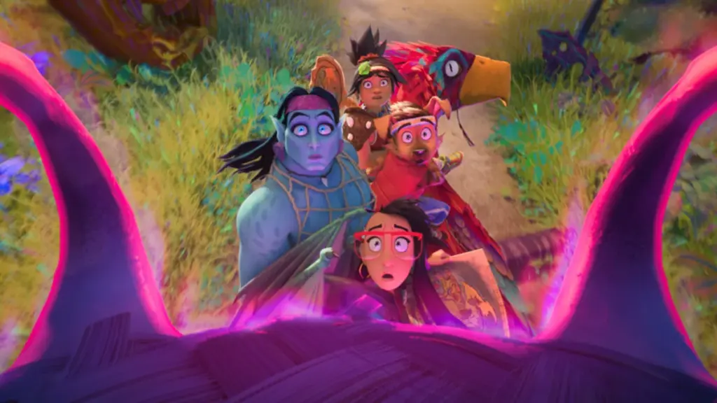 Best friends Jo and Raissa ride on the back of a large bird with Raww the were-dog and a blue merman from Philippine mythology in FORGOTTEN ISLAND.