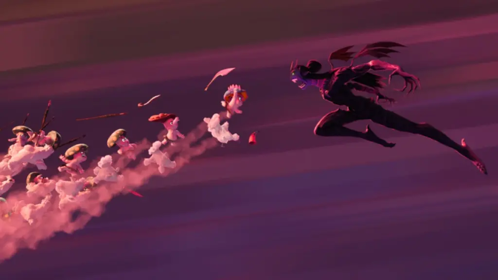 An army of small cute duwendes goes up against the Dreaded Manananggal demon of Filipino mythology in a fight in DreamWorks' FORGOTTEN ISLAND.