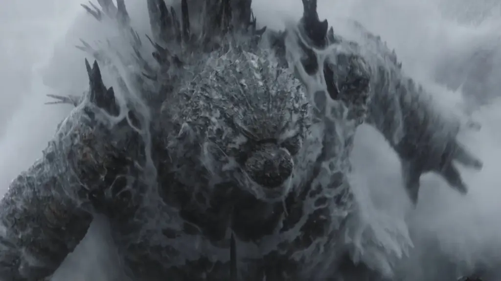 Godzilla shows off his new design with larger muscles and stronger scales as he jumps out of the water in Takashi Yamazaki's GODZILLA MINUS ZERO. 