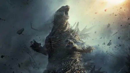 Godzilla king of the monsters stuns in front of yellow lightning on the official poster for the blockbuster sequel GODZILLA MINUS ZERO, written and directed by Takashi Yamazaki.