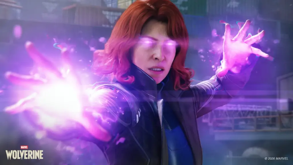 Jean Grey strikes an epic battle pose with purple energy flowing from her eyes and hands in MARVEL'S WOLVERINE video game by Insomniac. 