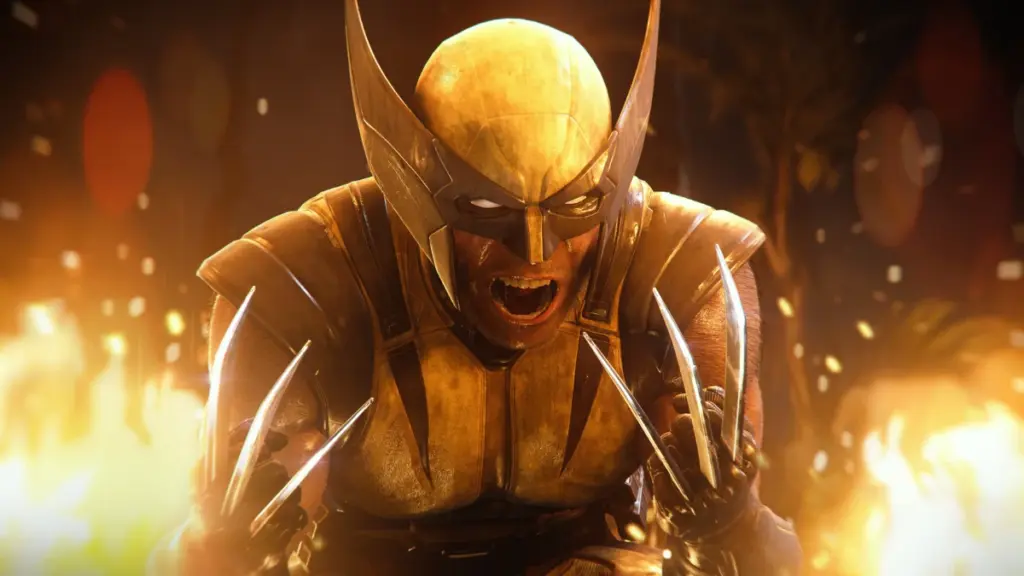 James "Logan" Howlett wears his iconic yellow and black Wolverine costume while taking his metal claws out in front of a fiery explosion in MARVEL"S WOLVERINE video game by Insomniac.