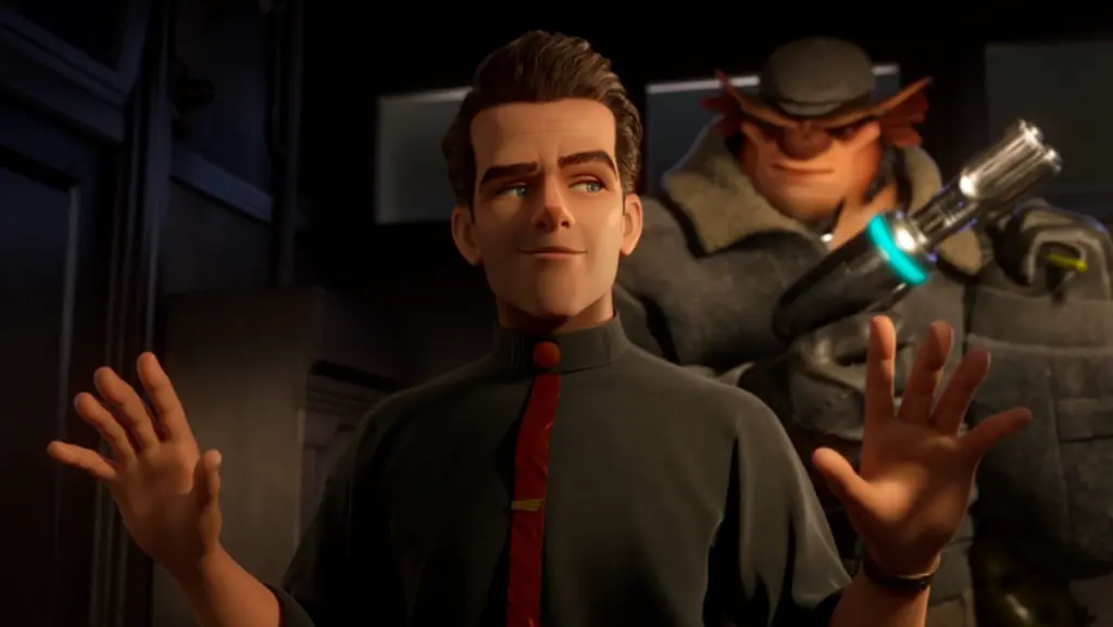Private detective Raymond Gunn gets held hostage by a huge alien gangster using a laser blaster in the animated sci-fi noir movie RAY GUNN.