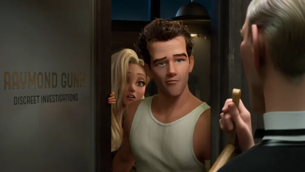 Private Investigator Raymond Gunn gets caught having a fling with famous singer Venus Nova in his office in Brad Bird's RAY GUNN animated movie for Netflix.