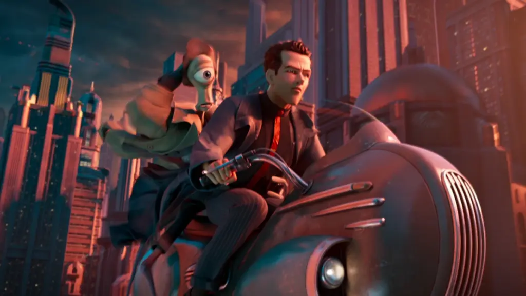 Private Eye Raymond Gunn and his alien partner Eyera speed across a busy futuristic city on a flying bike in Brad Bird's RAY GUNN.