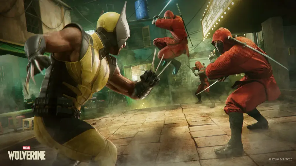 Wolverine takes out his adamantium claws and rushes towards a group of red ninjas from The Hand in the Marvel game by Insomniac. 
