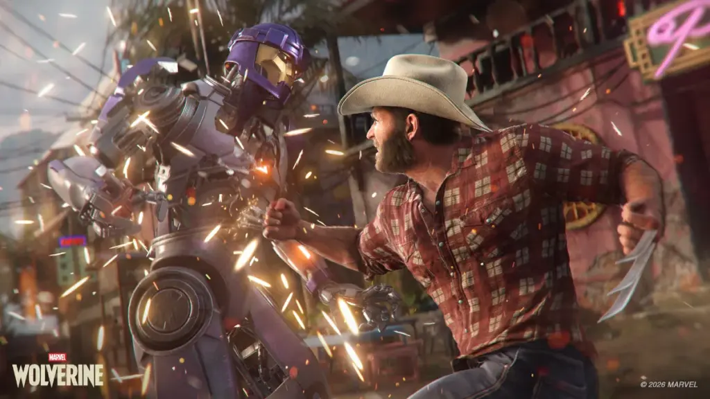Wolverine rips a Sentinel drone apart with his  adamantium claws while only wearing a red flannel shirt and cowboy hat in the new video game by Insomniac.