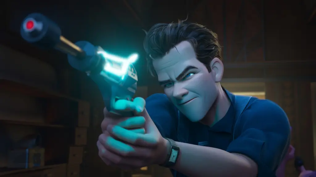 Private Eye Raymond Gunn points a futuristic laser blaster towards the screen in Brad Bird's sci-fi noir animated film RAY GUNN.
