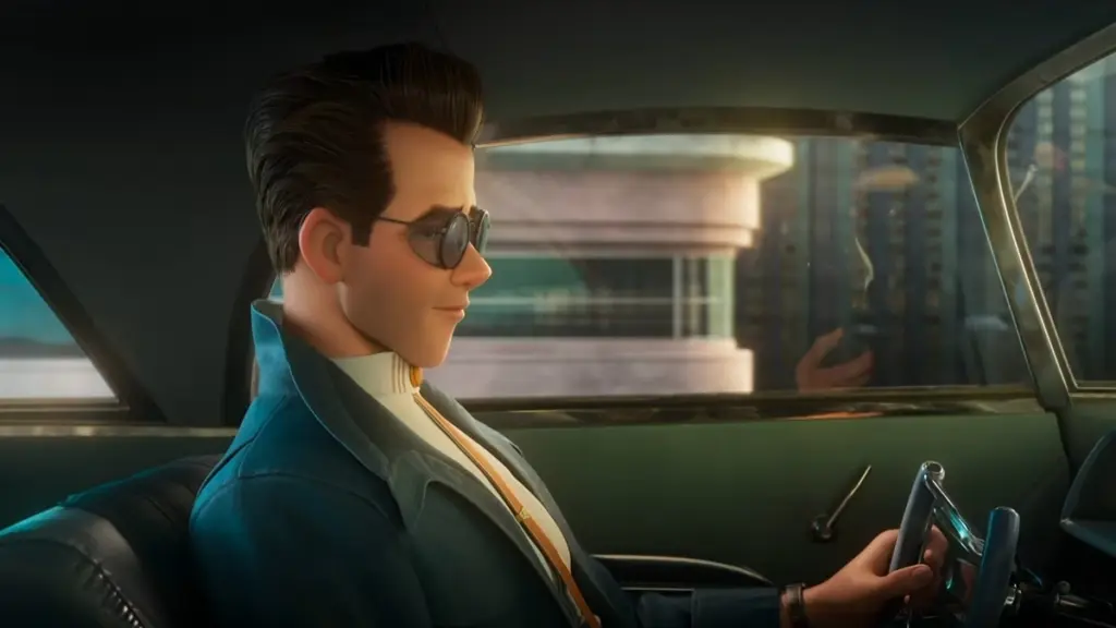 Private detective Raymond Gunn drives his flying car while wearing cool dark sunglasses in the animated sci-fi noir movie RAY GUNN for Netflix. 