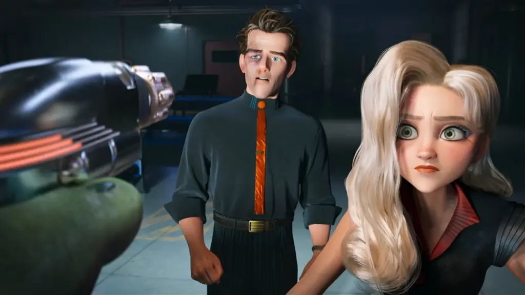 Private eye Raymond Gunn and pop star Venus Nova are held up at gun point by a laser blaster in the animated sci-fi noir RAY GUNN. 