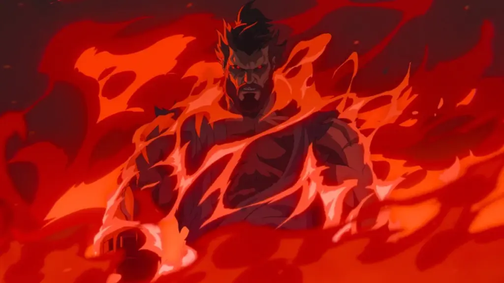 Akuma, voiced by WWE star Roman Reigns, emerges from flames in an anime-inspired 2D animated sequence from the STREET FIGHTER movie. 