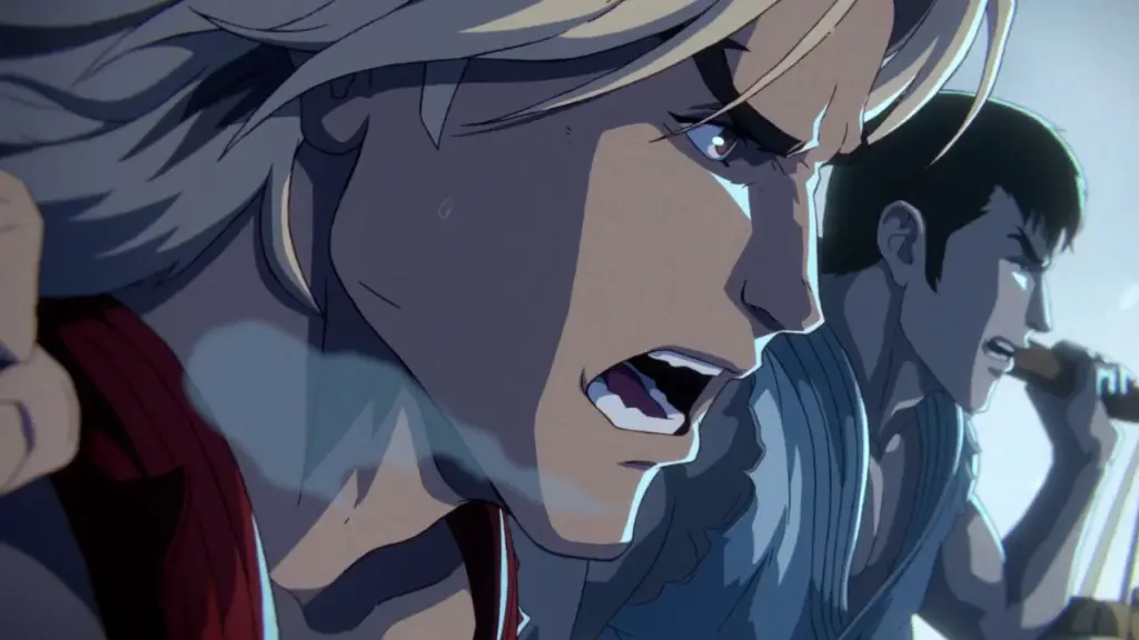Ken and Ryu, voiced by Noah Centineo and Andrew Koji, training in an animated sequence of the STREET FIGHTER movie.