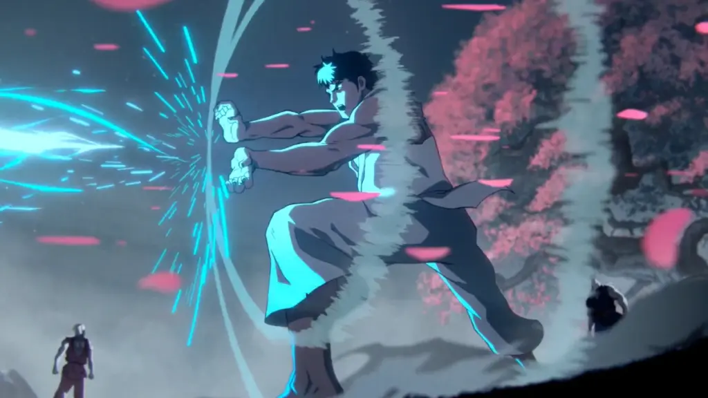 Ryu, voiced by Andrew Koji, throws out a blue Hadouken fire ball as he trains in an animated section of the STREET FIGHTER movie.