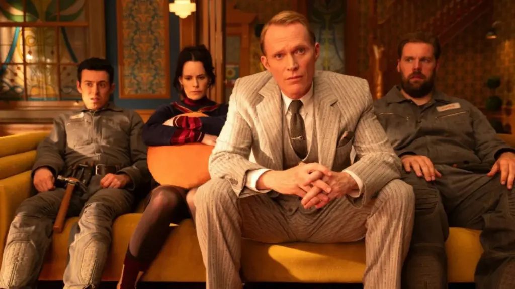Jonathan Sayer, Emily Hampshire, Paul Bettany, and Henry Lewis in Marvel Studios' VisionQuest.
