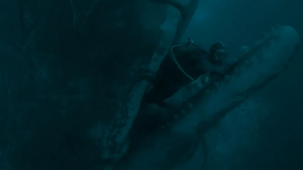 A horrifying shot of Austin Abrams getting sucked into the giant mouth of a sperm whale underwater in WHALEFALL.