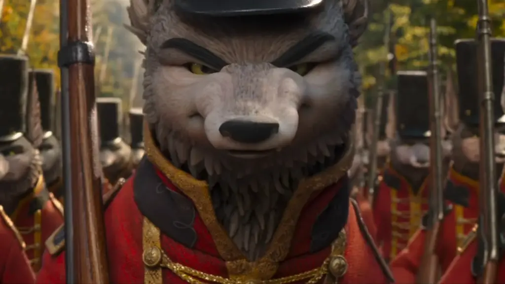 An army of anthropomorphic coyotes march towards battle in red soldier uniforms in the stop-motion fantasy epic WILDWOOD by Laika. 