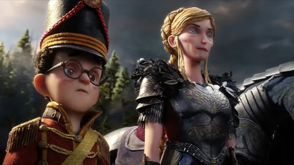 Young boy Curtis, voiced by Jacob Tremblay, wears a red soldier's uniform next to the evil governess Alexandra, voiced by Carey Mulligan, in the stop-motion animated fantasy epic WILDWOOD. 