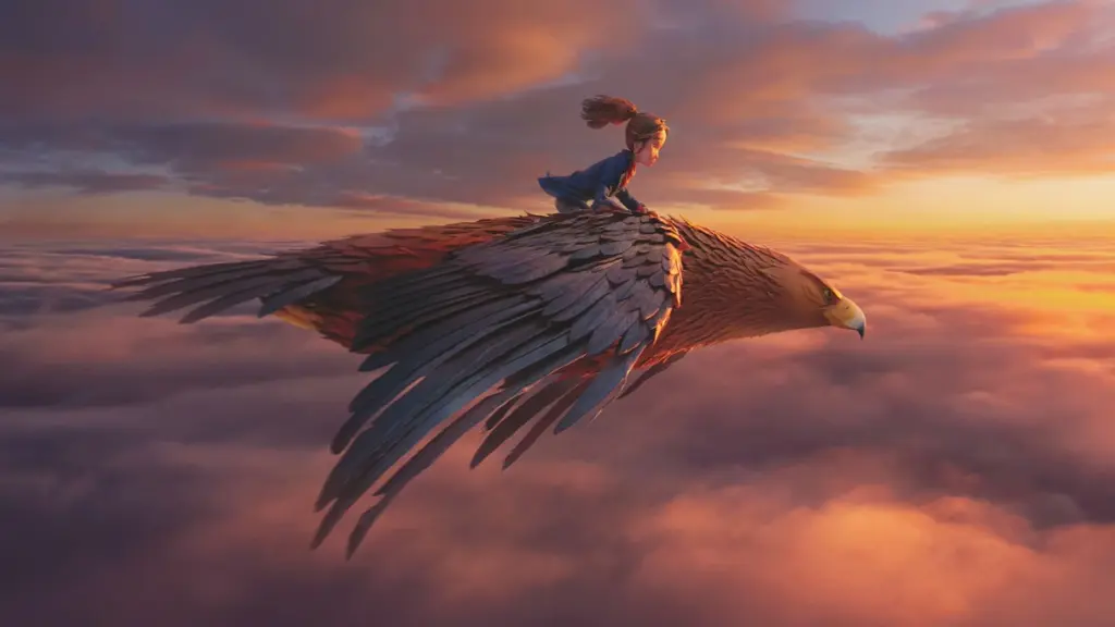 Young girl Prue rides on top of a giant Golden Eagle known as the General high among beautiful clouds in the sky in the stop-motion animated movie WILDWOOD from Laika.
